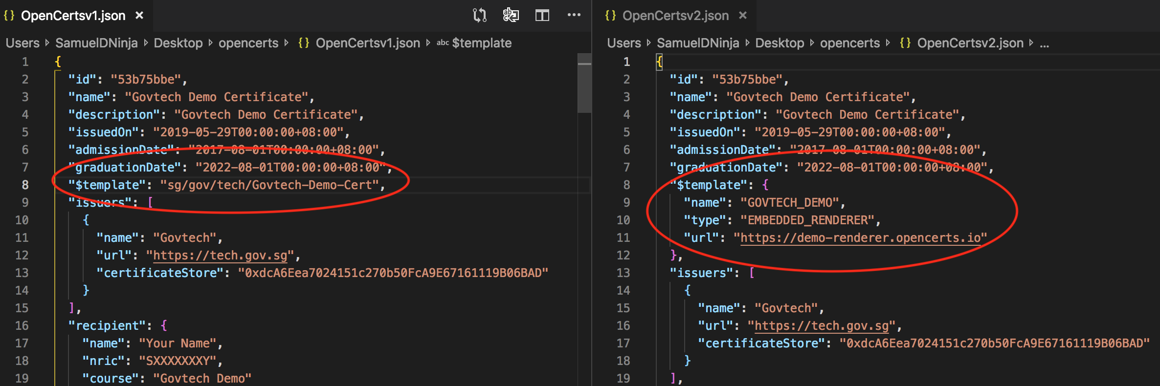 OpenCerts v1 to v2 Schema Difference